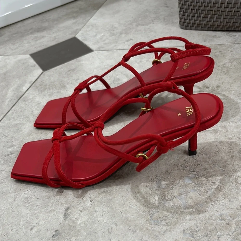 Brand New Zara Suede Red Strappy Heels size 7 - Picture 2 of 6